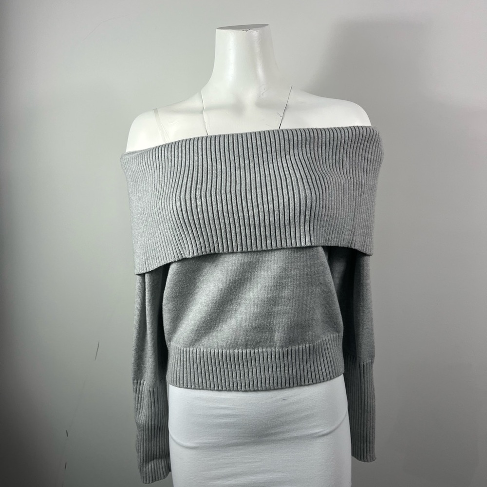 Harper Off-Shoulder Ribbed Foldover Sweater - Gray